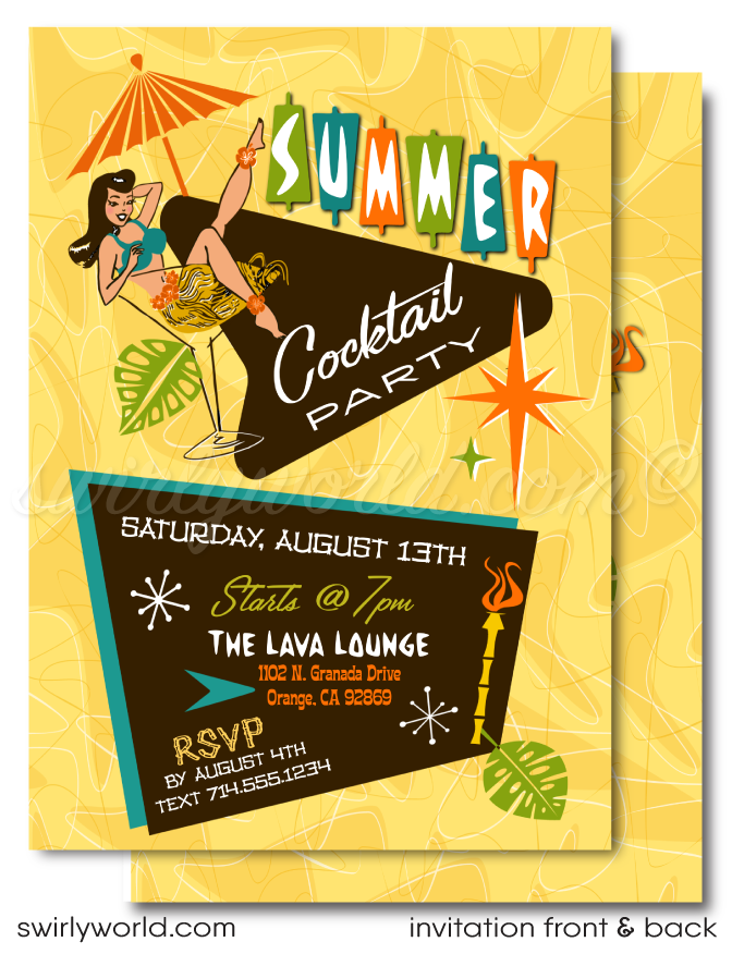 Retro atomic mid-century modern rockabilly pinup hula girl in cocktail glass Hawaiian tiki luau cocktail party invitations; digital invitation, thank you, & envelope design.