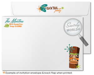 Retro atomic mid-century modern rockabilly pinup hula girl in cocktail glass Hawaiian tiki luau cocktail party invitations; digital invitation, thank you, & envelope design.