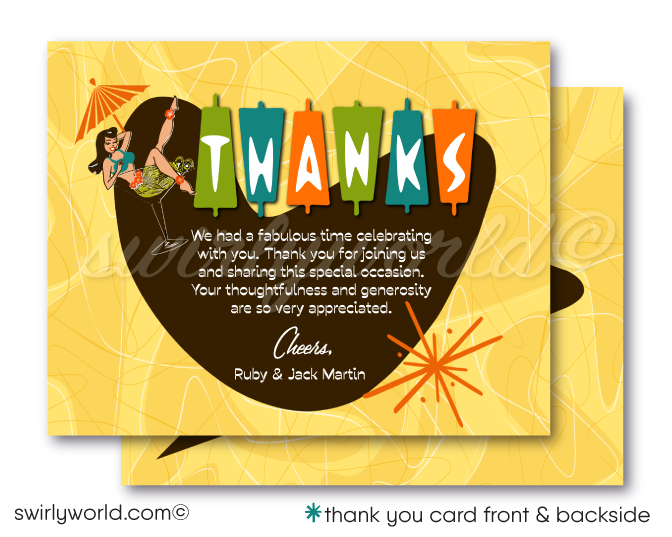 Retro atomic mid-century modern rockabilly pinup hula girl in cocktail glass Hawaiian tiki luau cocktail party invitations; digital invitation, thank you, & envelope design.