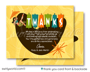 Retro atomic mid-century modern rockabilly pinup hula girl in cocktail glass Hawaiian tiki luau cocktail party invitations; digital invitation, thank you, & envelope design.