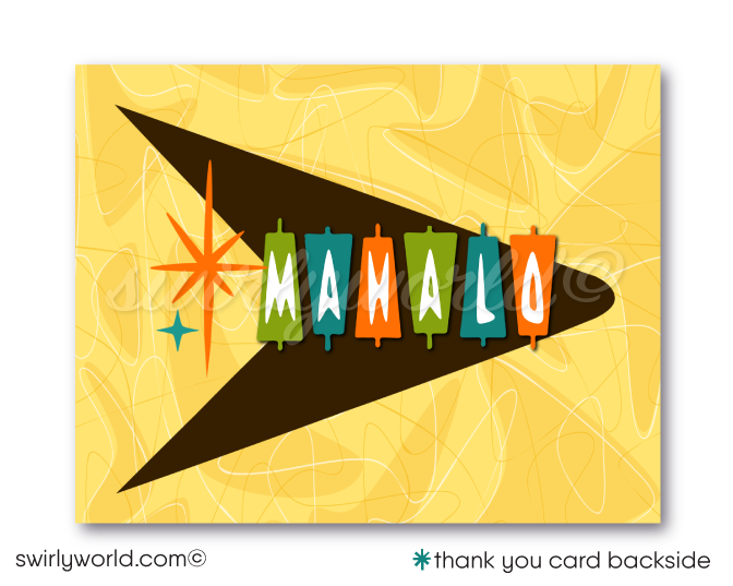 Retro atomic mid-century modern rockabilly pinup hula girl in cocktail glass Hawaiian tiki luau cocktail party invitations; digital invitation, thank you, & envelope design.