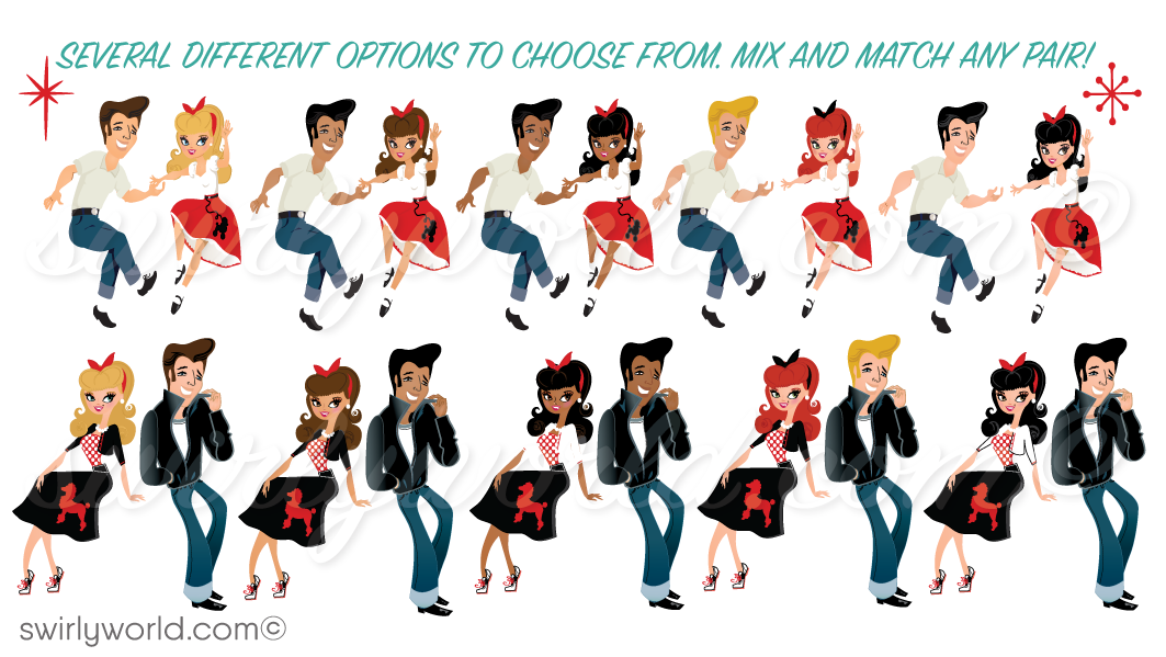 Step back to the 1950s with our Retro Rockabilly Bowling Birthday Party Invitation Set! 🎳✨ Featuring a stylish couple, poodle skirt, leather jacket, and 1957 Chevy car. Customize hair, skin, and eye colors. Includes printed invitations, thank you cards, and envelopes. Perfect for a nostalgic celebration!