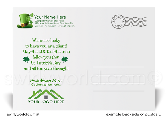 Lucky shamrock Irish green and gold happy St. Patrick's Day postcards for business marketing.