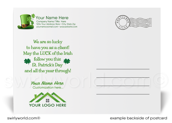 Lucky green shamrocks Irish horseshoe with pot of gold happy St. Patrick's Day postcards for business marketing.