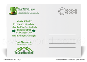 Lucky green shamrocks Irish horseshoe with pot of gold happy St. Patrick's Day postcards for business marketing.