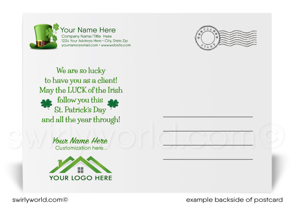 Lucky shamrocks Irish leprechaun with pot of gold and end of rainbow cute green house happy St. Patrick's Day postcards for Realtor® marketing.