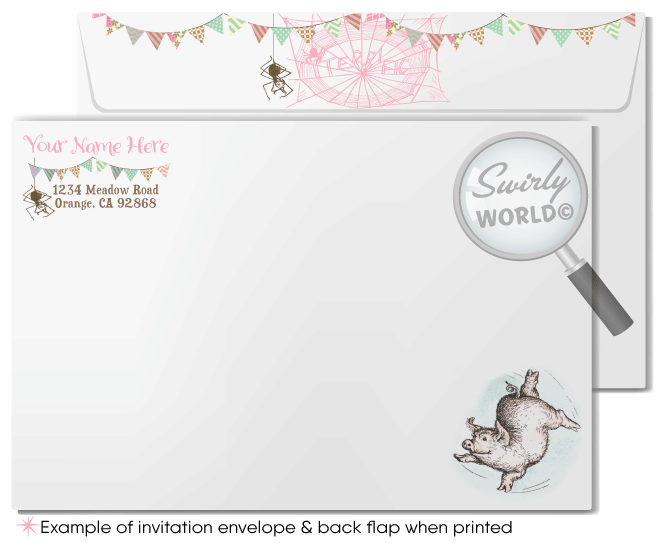 Vintage pink and mint green barnyard Charlotte's Web 1st first birthday invitations for girls; digital invitation and thank you card download bundle.