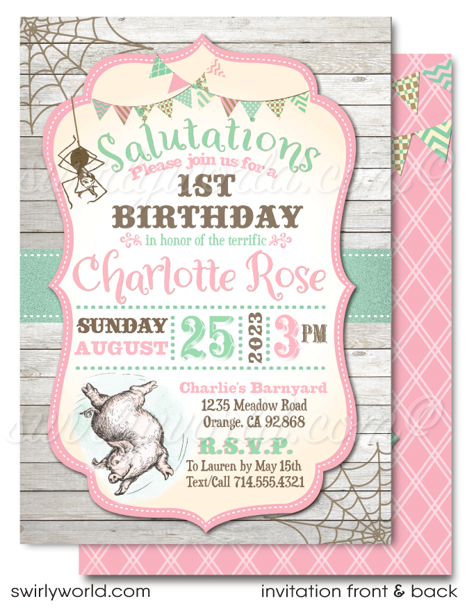 Vintage pink and mint green barnyard Charlotte's Web 1st first birthday invitations for girls; digital invitation and thank you card download bundle.