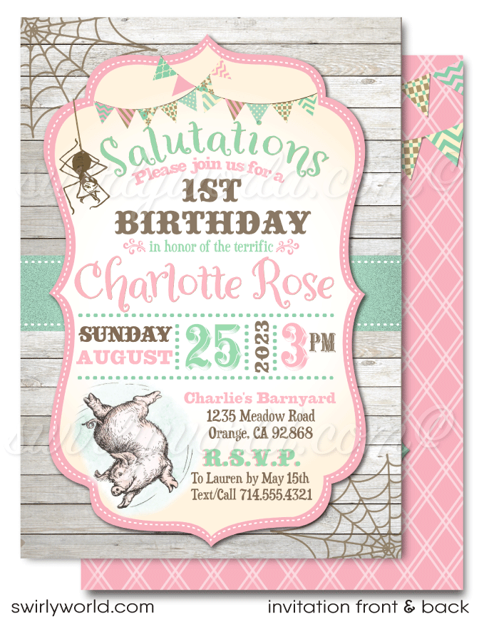 Celebrate your baby's 1st birthday with our Charlotte's Web Party Digital Download Set! 🐷🎉 Featuring Wilbur, Fern, Templeton, and Charlotte, this barnyard-themed collection includes customizable invitations and thank you cards. Easily personalize with Corjl for a memorable celebration. Download now! ✨