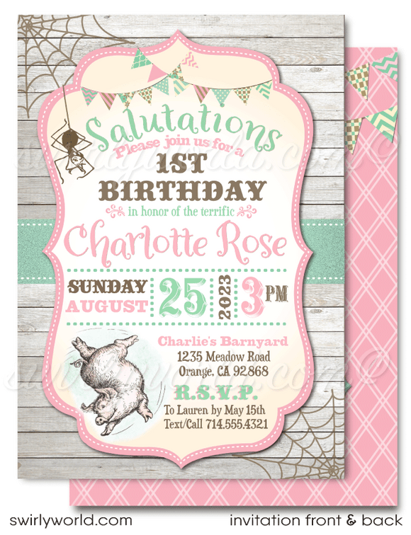 Vintage pink and mint green barnyard Charlotte's Web 1st first birthday invitations for girls; digital invitation and thank you card download bundle. Wilber Pig Spider 