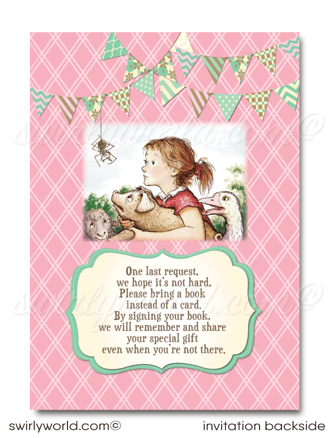 Vintage pink and mint green barnyard Charlotte's Web 1st first birthday invitations for girls; digital invitation and thank you card download bundle.