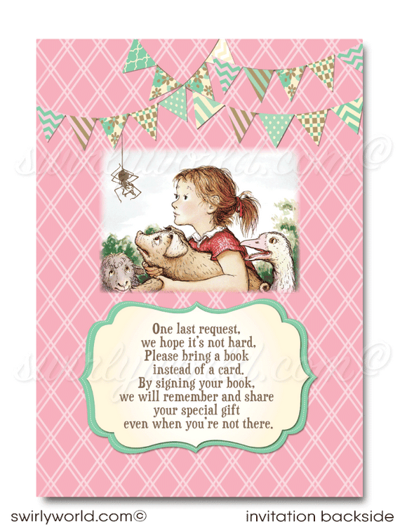 Vintage pink and mint green barnyard Charlotte's Web 1st first birthday invitations for girls; digital invitation and thank you card download bundle.