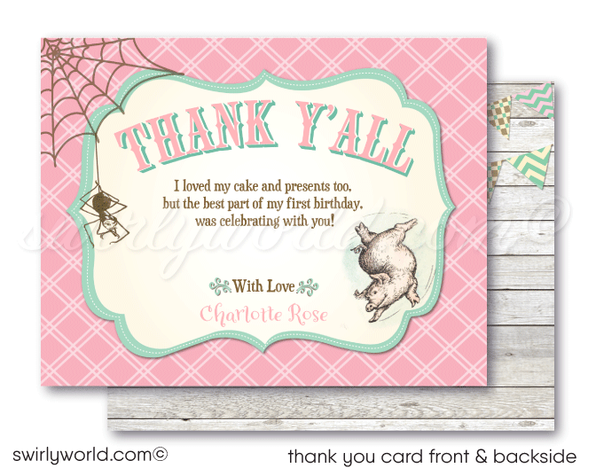 Vintage pink and mint green barnyard Charlotte's Web 1st first birthday invitations for girls; digital invitation and thank you card download bundle.