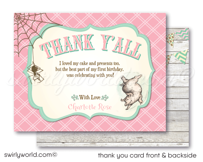 Celebrate your baby's 1st birthday with our Charlotte's Web Party Digital Download Set! 🐷🎉 Featuring Wilbur, Fern, Templeton, and Charlotte, this barnyard-themed collection includes customizable invitations and thank you cards. Easily personalize with Corjl for a memorable celebration. Download now! ✨
