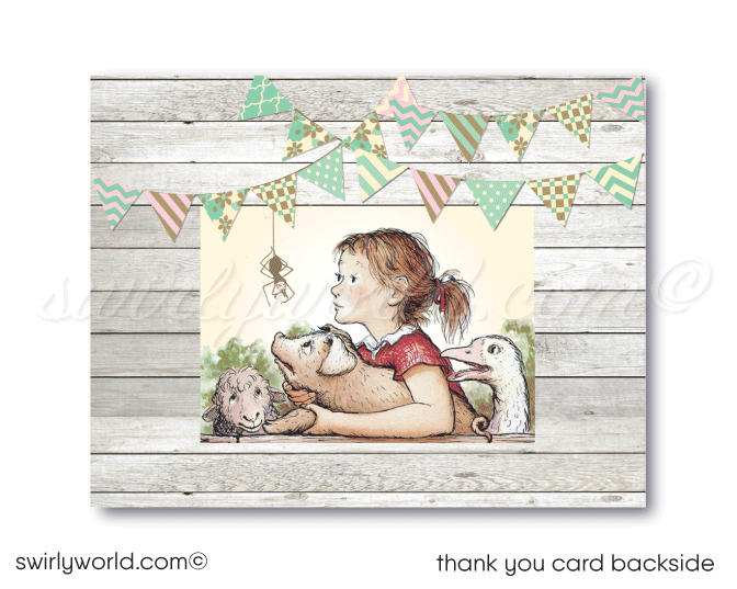 Vintage pink and mint green barnyard Charlotte's Web 1st first birthday invitations for girls; digital invitation and thank you card download bundle.Celebrate your baby's 1st birthday with our Charlotte's Web Party Digital Download Set! 🐷🎉 Featuring Wilbur, Fern, Templeton, and Charlotte, this barnyard-themed collection includes customizable invitations and thank you cards. Easily personalize with Corjl for a memorable celebration. Download now! ✨