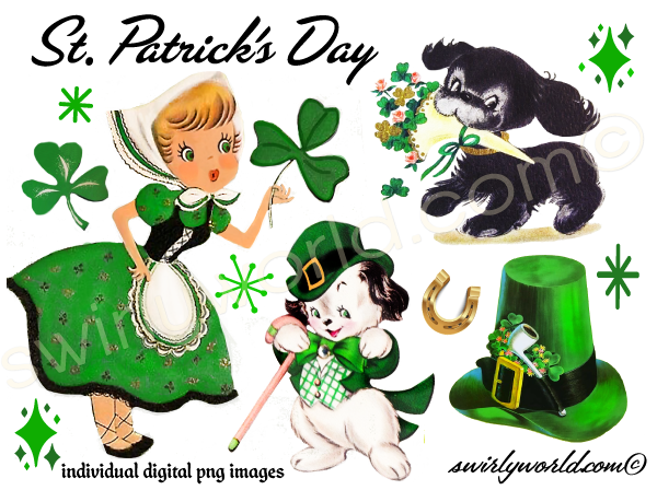 MCM mid-century modern vintage retro St. Patrick's day digital image downloads. Kitsch St Patrick's Day 1940s-1950s digital image downloads.