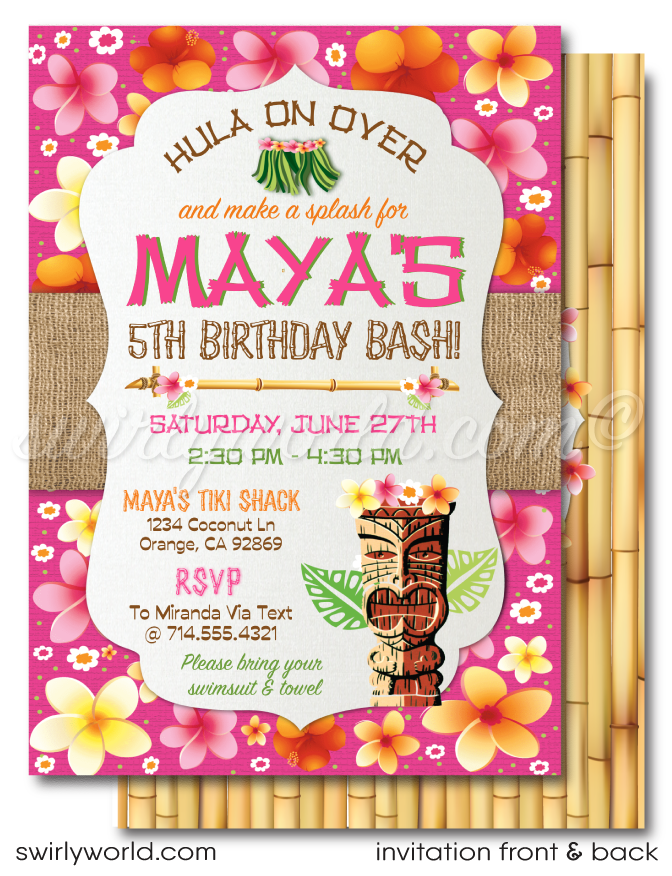 Retro cute hibiscus pattern Hawaiian hula girl ukulele tiki luau birthday party invitations; digital invitation, thank you, & envelope design.