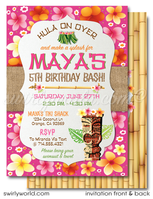 Retro cute hibiscus pattern Hawaiian hula girl ukulele tiki luau birthday party invitations; digital invitation, thank you, & envelope design.