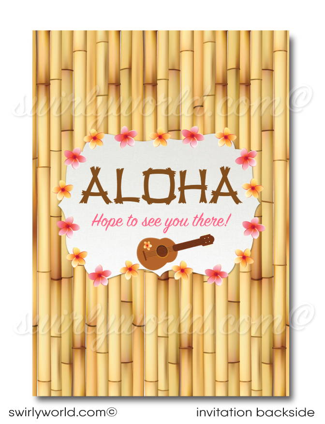 Retro cute hibiscus pattern Hawaiian hula girl ukulele tiki luau birthday party invitations; digital invitation, thank you, & envelope design.