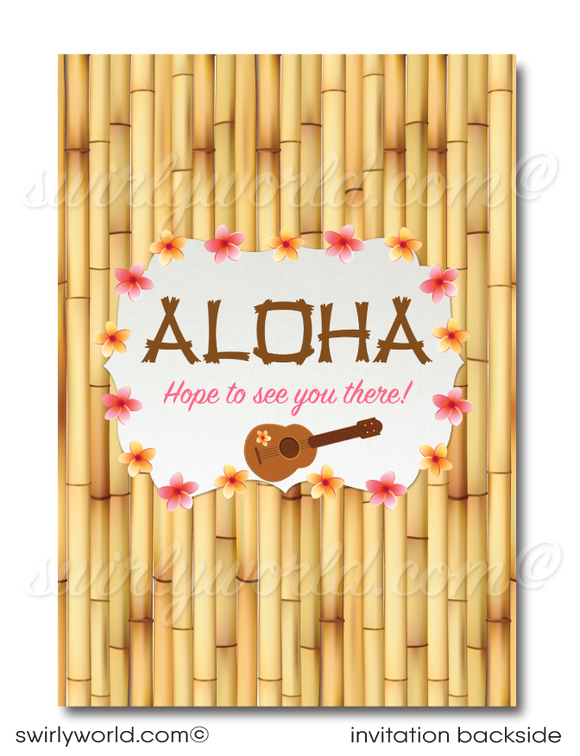 Retro cute hibiscus pattern Hawaiian hula girl ukulele tiki luau birthday party invitations; digital invitation, thank you, & envelope design.