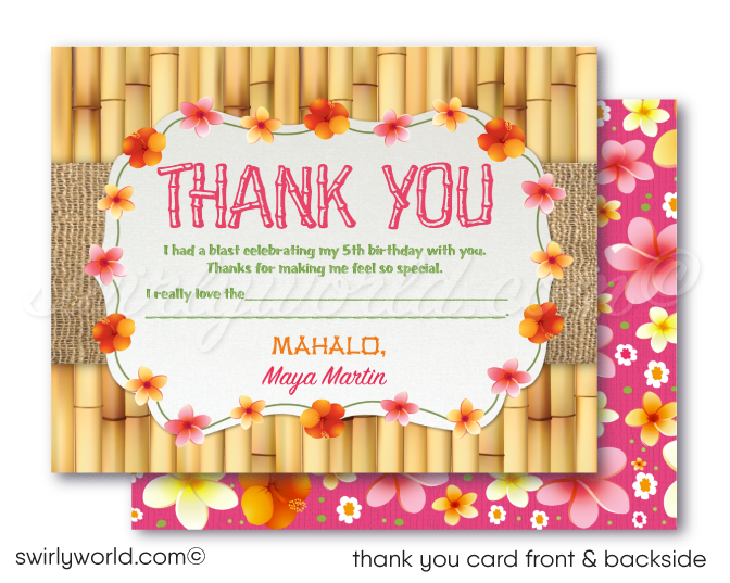 Retro cute hibiscus pattern Hawaiian hula girl ukulele tiki luau birthday party invitations; digital invitation, thank you, & envelope design.