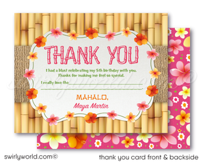 Retro cute hibiscus pattern Hawaiian hula girl ukulele tiki luau birthday party invitations; digital invitation, thank you, & envelope design.