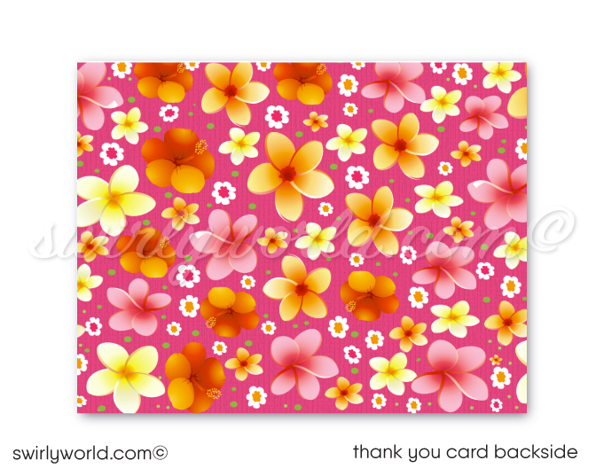 Retro cute hibiscus pattern Hawaiian hula girl ukulele tiki luau birthday party invitations; digital invitation, thank you, & envelope design.