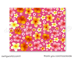 Retro cute hibiscus pattern Hawaiian hula girl ukulele tiki luau birthday party invitations; digital invitation, thank you, & envelope design.