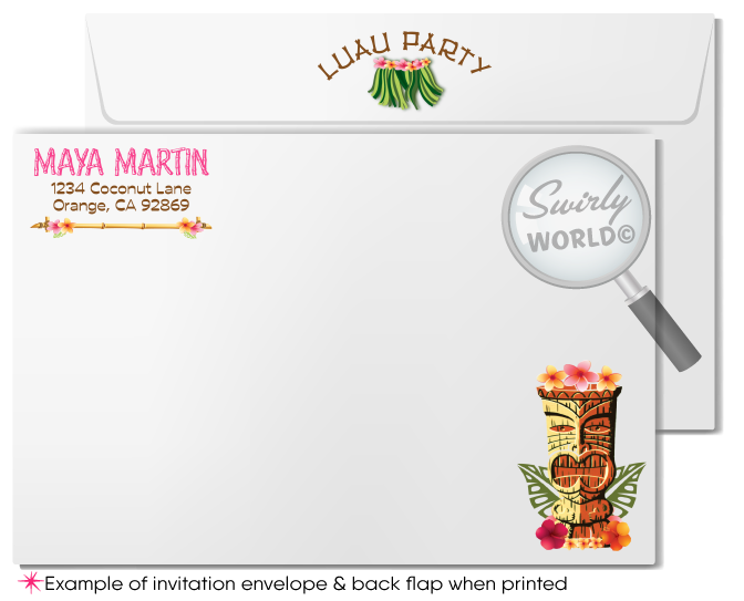 Retro cute hibiscus pattern Hawaiian hula girl ukulele tiki luau birthday party invitations; digital invitation, thank you, & envelope design.