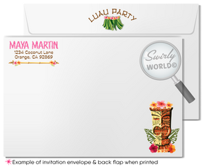 Retro cute hibiscus pattern Hawaiian hula girl ukulele tiki luau birthday party invitations; digital invitation, thank you, & envelope design.