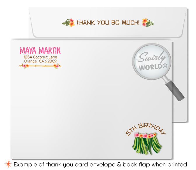 Retro cute hibiscus pattern Hawaiian hula girl ukulele tiki luau birthday party invitations; digital invitation, thank you, & envelope design.