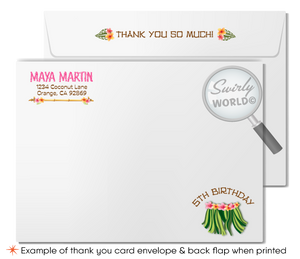 Retro cute hibiscus pattern Hawaiian hula girl ukulele tiki luau birthday party invitations; digital invitation, thank you, & envelope design.