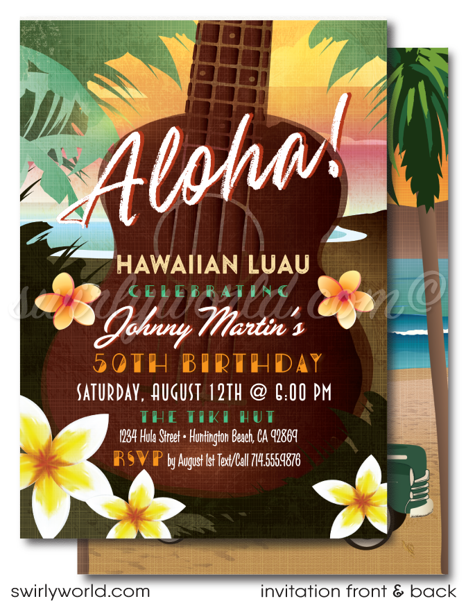 Retro 1960s Woody Surfboard Wagon mid-century surfer Hawaiian tiki luau beach birthday party invitations; digital invitation, thank you, & envelope design.