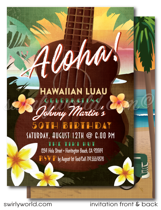 Retro Mid-Century Surfer Vintage Hawaiian Surf Beach Tiki Luau Invitations