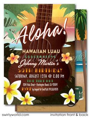 Retro 1960s Woody Surfboard Wagon mid-century surfer Hawaiian tiki luau beach birthday party invitations; digital invitation, thank you, & envelope design.
