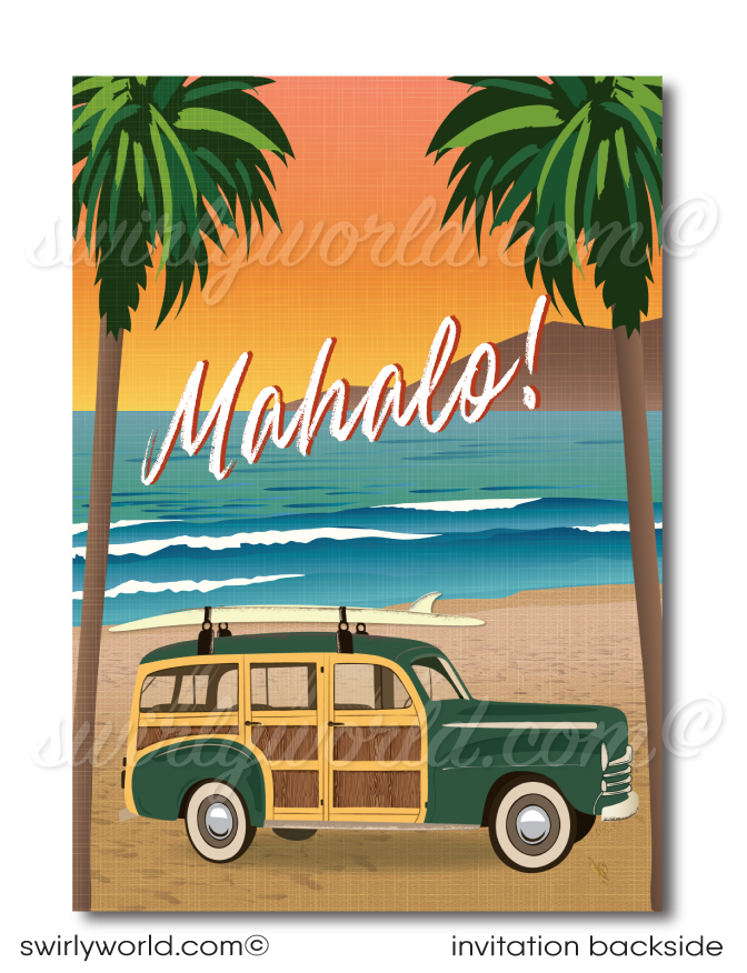 Retro 1960s Woody Surfboard Wagon mid-century surfer Hawaiian tiki luau beach birthday party invitations; digital invitation, thank you, & envelope design.