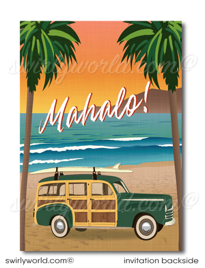 Retro 1960s Woody Surfboard Wagon mid-century surfer Hawaiian tiki luau beach birthday party invitations; digital invitation, thank you, & envelope design.