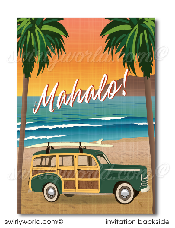 Retro 1960s Woody Surfboard Wagon mid-century surfer Hawaiian tiki luau beach birthday party invitations; digital invitation, thank you, & envelope design.