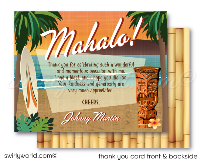 Retro 1960s Woody Surfboard Wagon mid-century surfer Hawaiian tiki luau beach birthday party invitations; digital invitation, thank you, & envelope design.