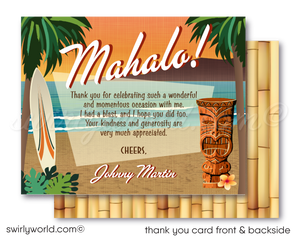 Retro 1960s Woody Surfboard Wagon mid-century surfer Hawaiian tiki luau beach birthday party invitations; digital invitation, thank you, & envelope design.