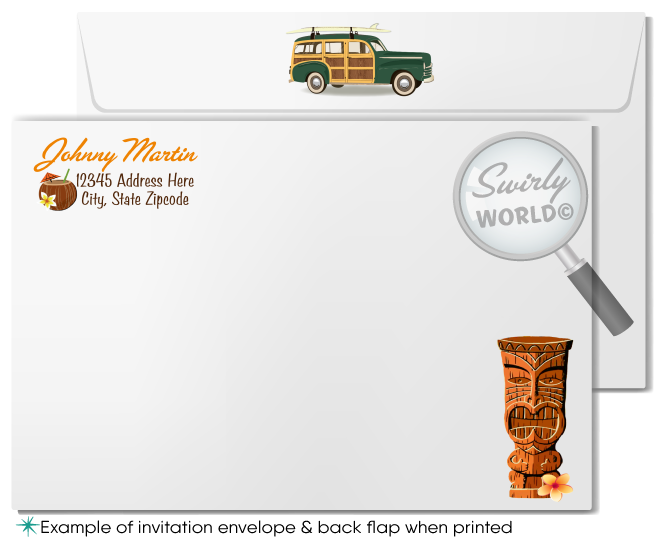Retro 1960s Woody Surfboard Wagon mid-century surfer Hawaiian tiki luau beach birthday party invitations; digital invitation, thank you, & envelope design.