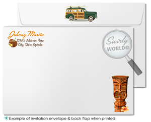 Retro 1960s Woody Surfboard Wagon mid-century surfer Hawaiian tiki luau beach birthday party invitations; digital invitation, thank you, & envelope design.