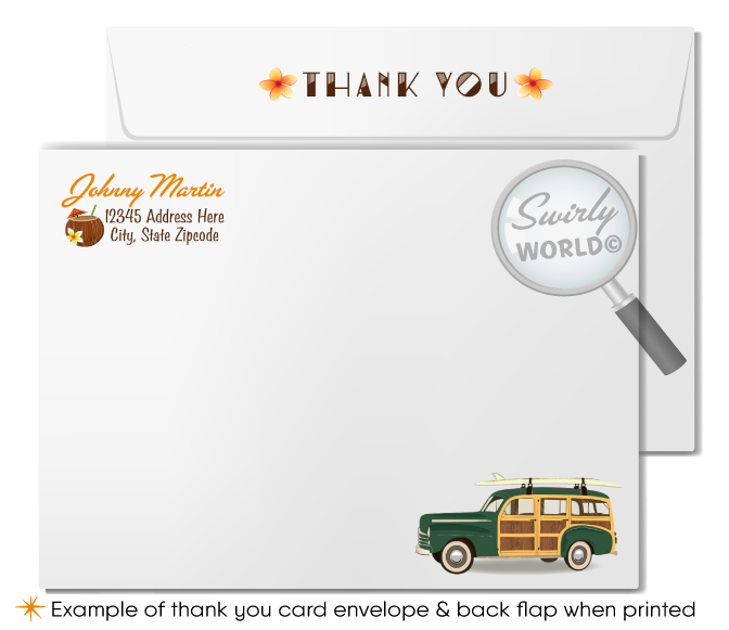Retro 1960s Woody Surfboard Wagon mid-century surfer Hawaiian tiki luau beach birthday party invitations; digital invitation, thank you, & envelope design.