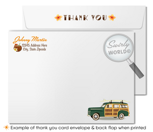 Retro 1960s Woody Surfboard Wagon mid-century surfer Hawaiian tiki luau beach birthday party invitations; digital invitation, thank you, & envelope design.