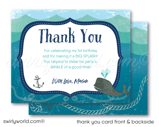 Vintage nautical under the sea whale themed aquarium 1st birthday invitations for boys or girls; digital invitation and thank you card download bundle.