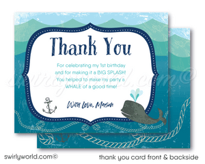 Vintage nautical under the sea whale themed aquarium 1st birthday invitations for boys or girls; digital invitation and thank you card download bundle.