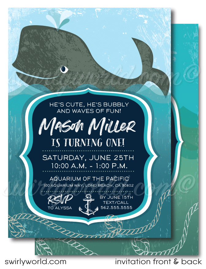 Vintage nautical under the sea whale themed aquarium 1st birthday invitations for boys or girls; digital invitation and thank you card download bundle.