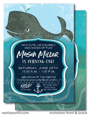Vintage nautical under the sea whale themed aquarium 1st birthday invitations for boys or girls; digital invitation and thank you card download bundle.