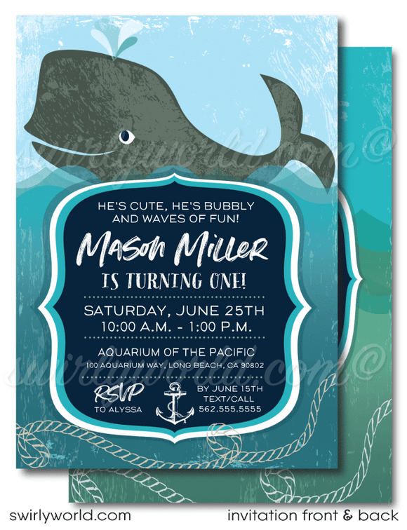 Vintage nautical under the sea whale themed aquarium 1st birthday invitations for boys or girls; digital invitation and thank you card download bundle.